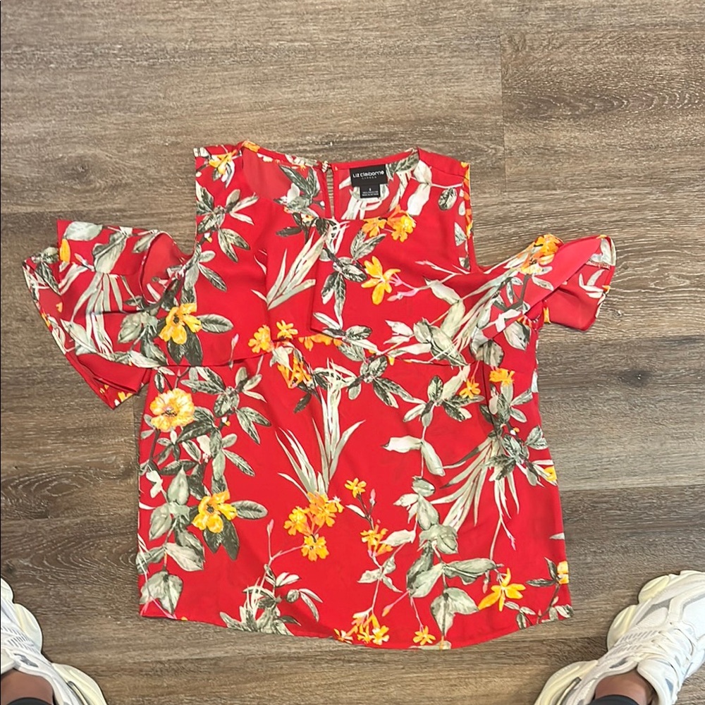 Liz Claiborne Red Cap Sleeve Ruffled Blouse